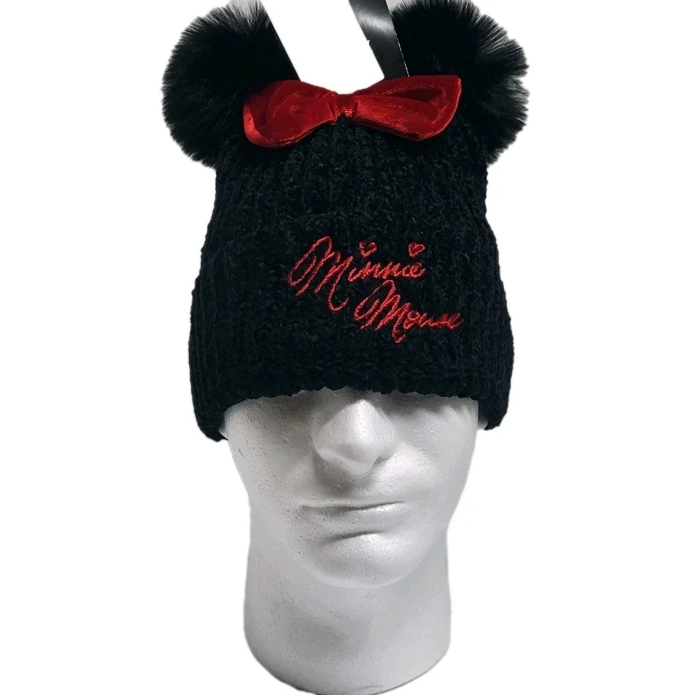 Disney Minnie Mouse Beanie Winter‎ Hat Unisex Bow Ear Cute Black NWT Cozy Warm